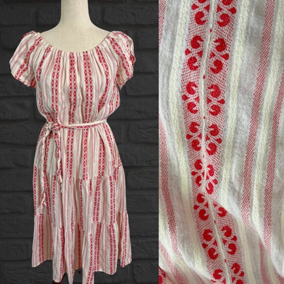 Velvet Boho Midi Dress Milkmaid Off White Red Woven Fabric Size Small - Picture 1 of 9